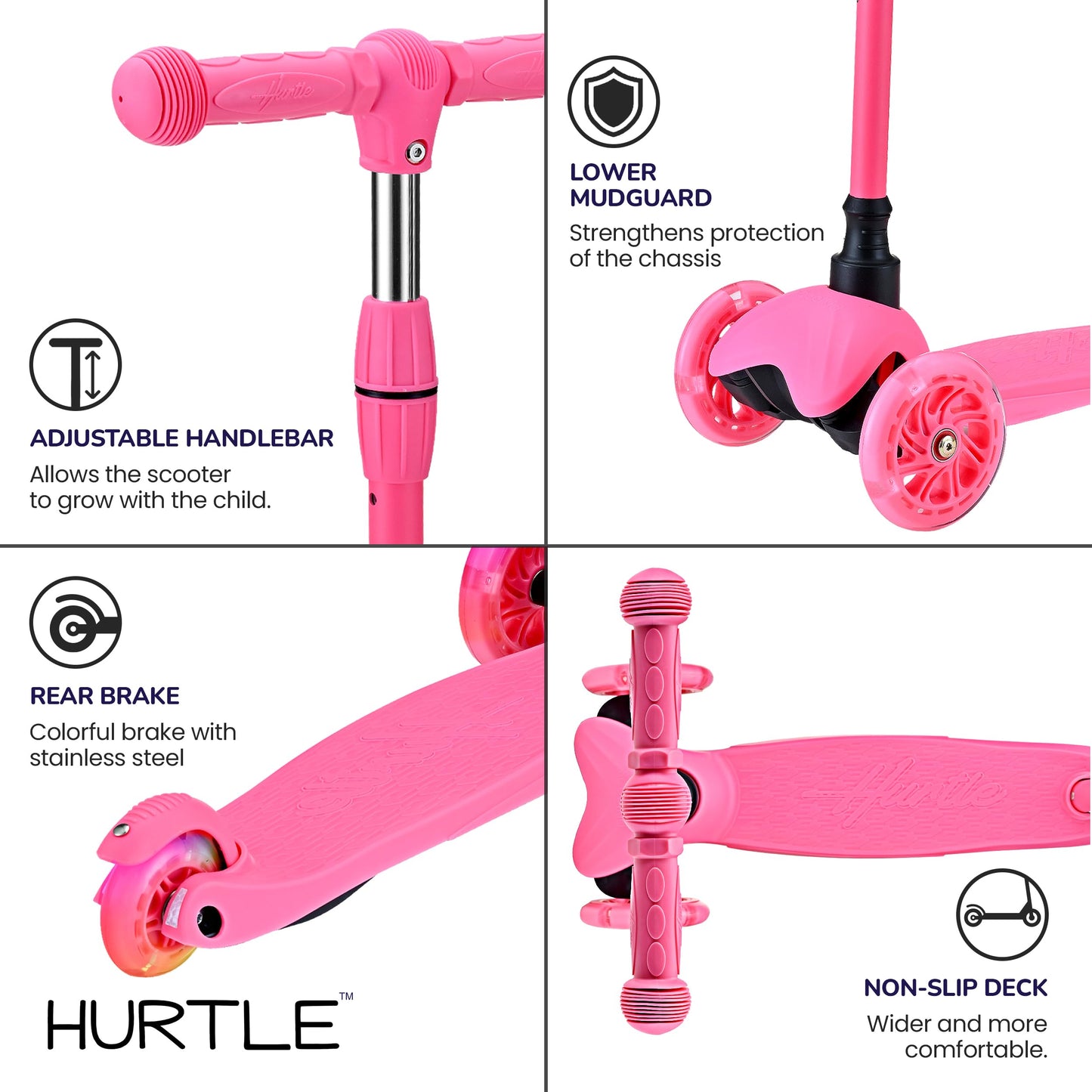 Hurtle Mini Kickboard Scooter for Kids - Height Adjustable 25''-28'', Lightweight 3-Wheel with LED Light-up Wheels, Anti-Slip,Indoor/Outdoor Fun, Micro Scooters for Ages 2-5 (Watermelon)
