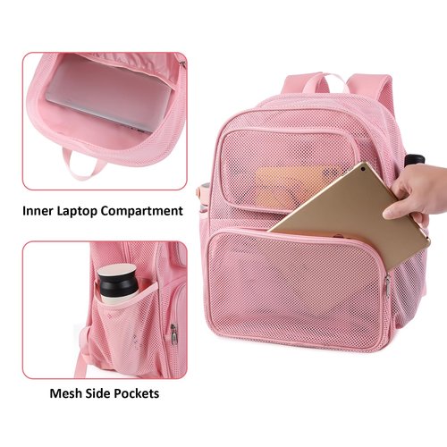 COVAX Large Mesh Bookbag, Semi-transparent College Backpack, See Through Mesh Backpack with Bungee and Comfort Padded Straps for Travel, Swimming, Beach, Outdoor Sports (Pink)