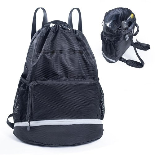 Swim Beach Gym Backpack - Drawstring with Shoes Compartment and Waterproof Pocket for Gym Accessories, Swim Essentials - Kids Mens Beach Workout Bag
