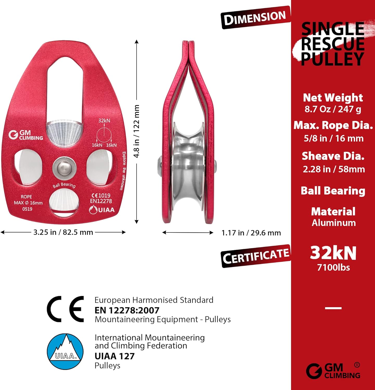 GM CLIMBING Large Rescue Pulley 32kN Single Sheave with Swing Plate CE UIAA Certified