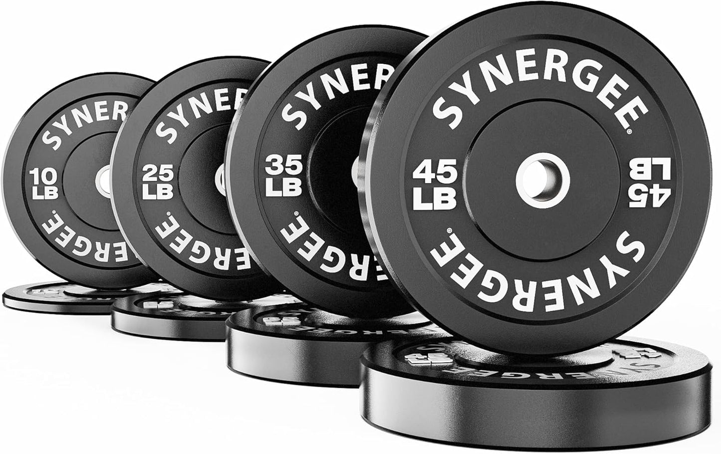 Synergee Bumper Plates – Durable Olympic Weight Plates, Low-Bounce Rubber for Strength Training, Powerlifting, and Functional Workouts.