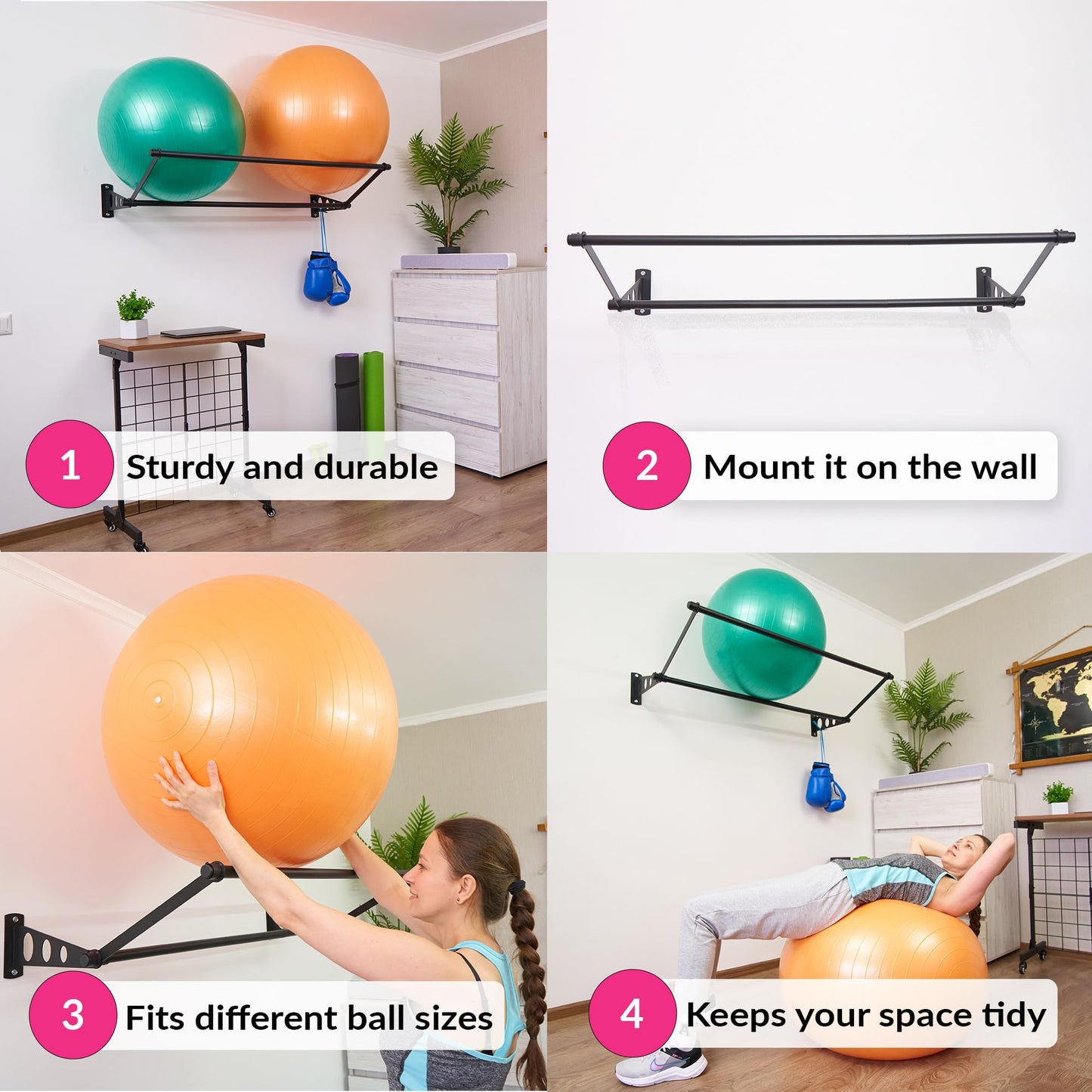 Exercise Ball Holder | Organize Your Space | Wall Mounted Rack | Yoga Stability Ball Holder | Exercise Wall Mount | Fitness Ball Rack | For Gyms, Studios, Home Gyms | Matte Black