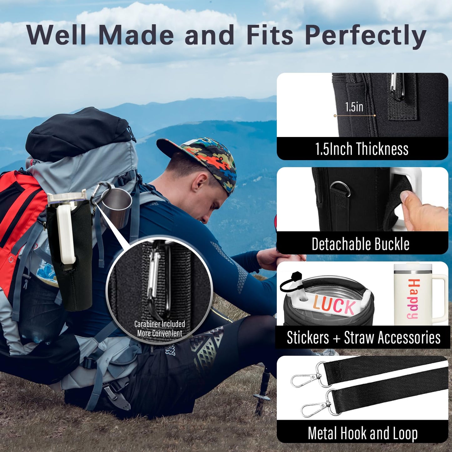 Adoryoung Stanley Cup Holder with Strap, 40 oz Stanley Cup Bag Carrier for Tumbler, Water Bottle Carrier Holder Sling Bag with Phone Pocket, Adjustable Strap& Straw Cover, Stanley Cup Accessories (M)