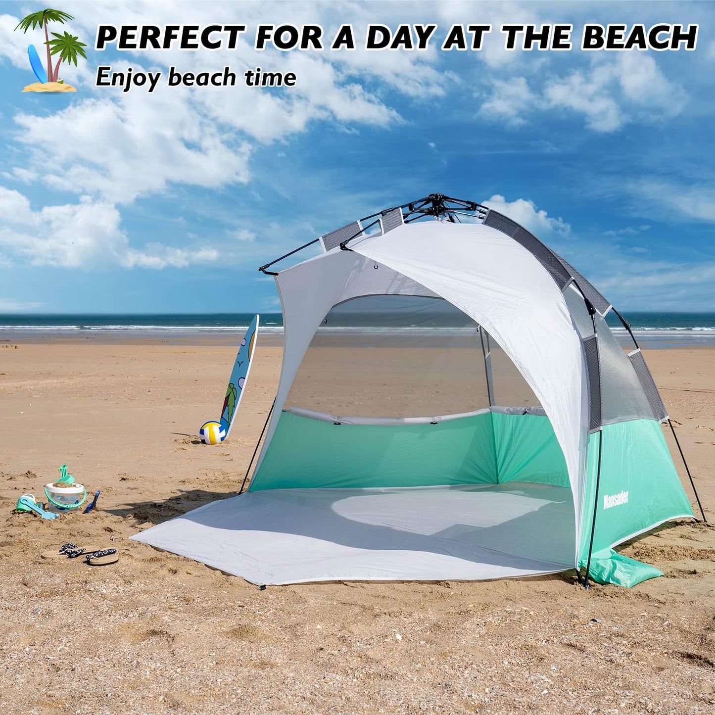 Mansader 2-3 Person Large Instant Pop Up Beach Tent, UV Protection Portable Easy Setup Sun Shade Shelter, Extended Floor with 3 Ventilating Mesh Windows for Outdoor Camping Fishing (Green)