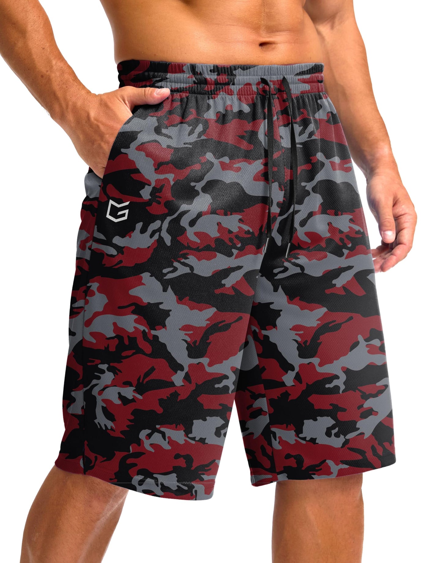 G Gradual Men's Athletic Shorts with Pockets 9" / 11" Long Basketball Shorts Lightweight Quick Dry Gym Workout Shorts for Men(Red Camo,XXL)
