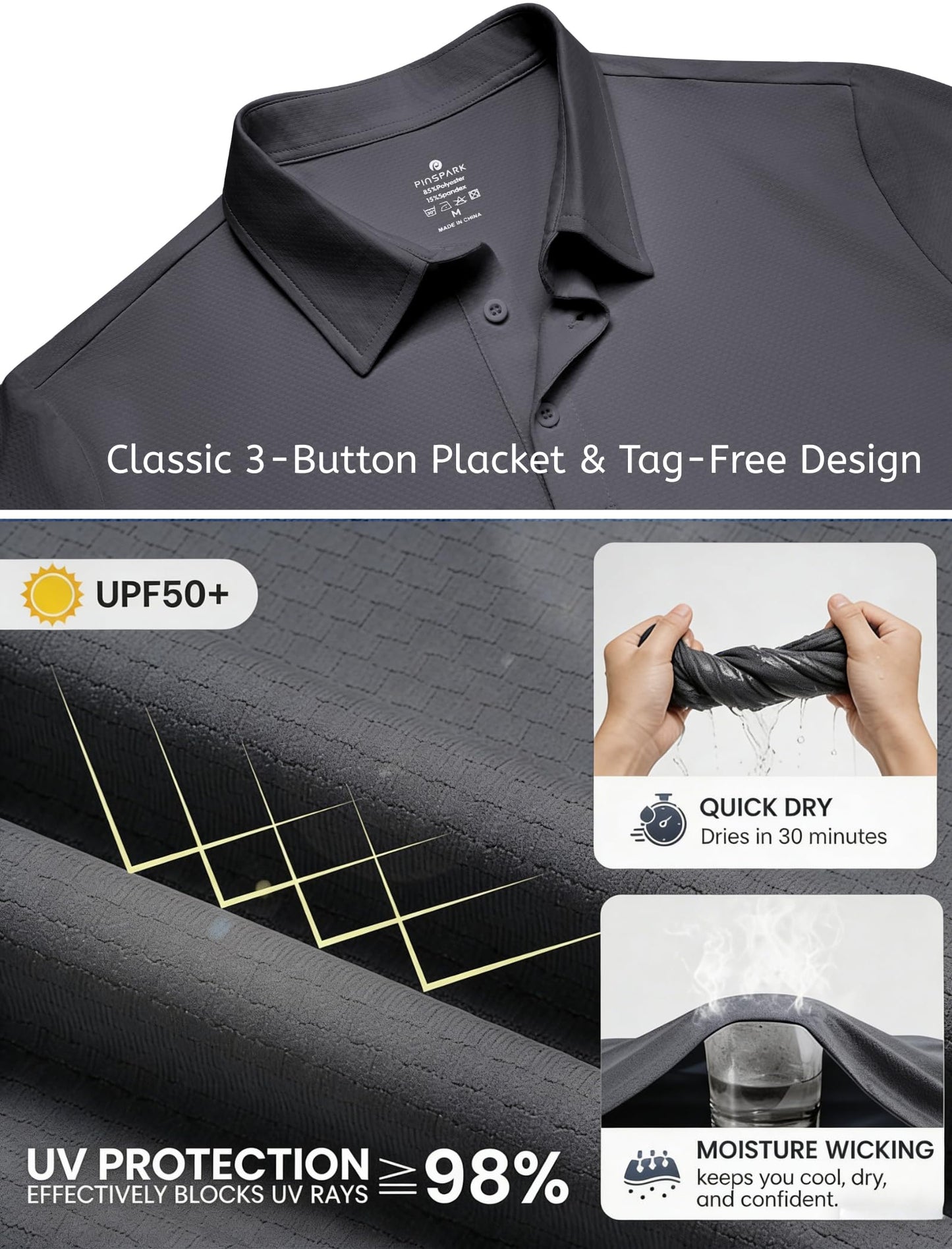 PINSPARK Mens Golf Shirts Moisture Wicking UPF 50 Polo Shirt Short Sleeve Quick Dry Golf Polos Casual Collared Shirt Men Dark Grey