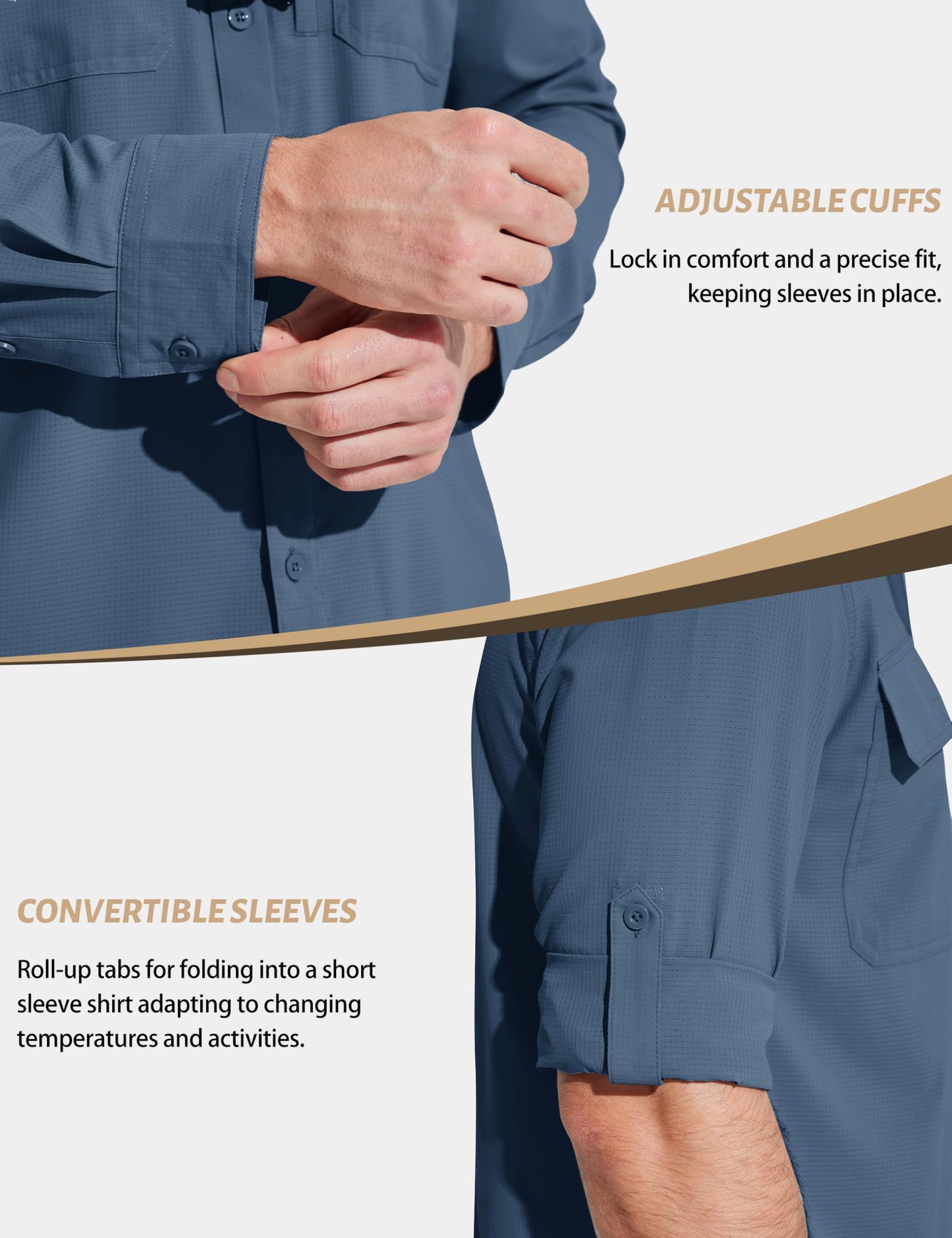 MAGCOMSEN Mens Long Sleeve Button Down Shirts UV Sun Protection Quick Dry Fishing Shirts Button Up Work Hiking Camping Shirts Blue Grey L