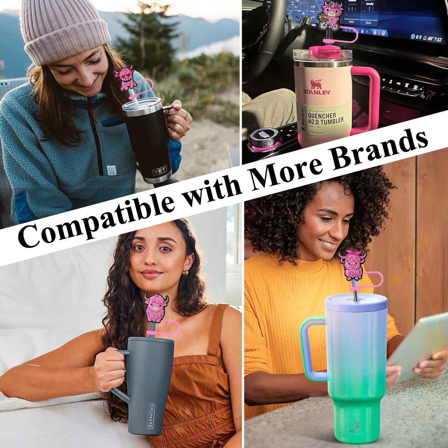 Amreich Straw Toppers - Pink Highland Cow Straw Cover Silicone Tumbler Accessories for Stanley 30-40 Oz Cups 0.4in Cow Straws Covers Cap