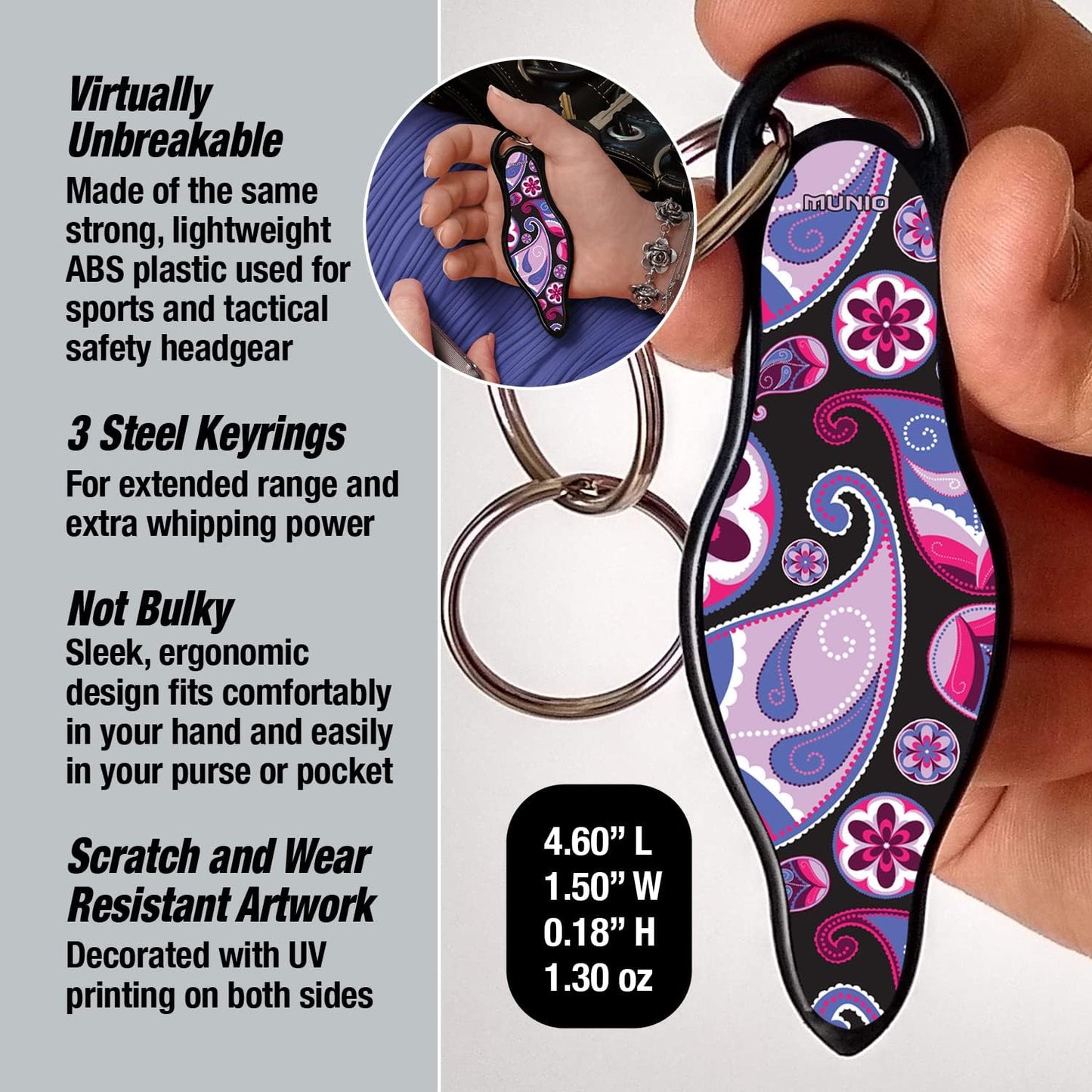 MUNIO Self Defense Keychain – Lightweight, Stylish & Portable Safety Tool for Women & Men – Non-Lethal Kubotan, Easy to Use, TSA Approved – Made in USA – Modern Flowers Design