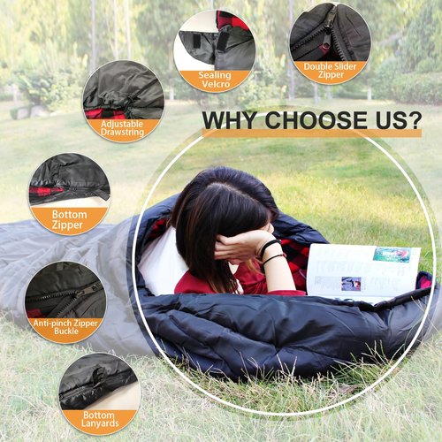 POEPORE 0 Degree Sleeping Bag 100% Cotton Flannel XXL Cold Weather Winter Oversized Sleeping Bag for Adults Camping Zero Degree Big and Tall with Compression Sack
