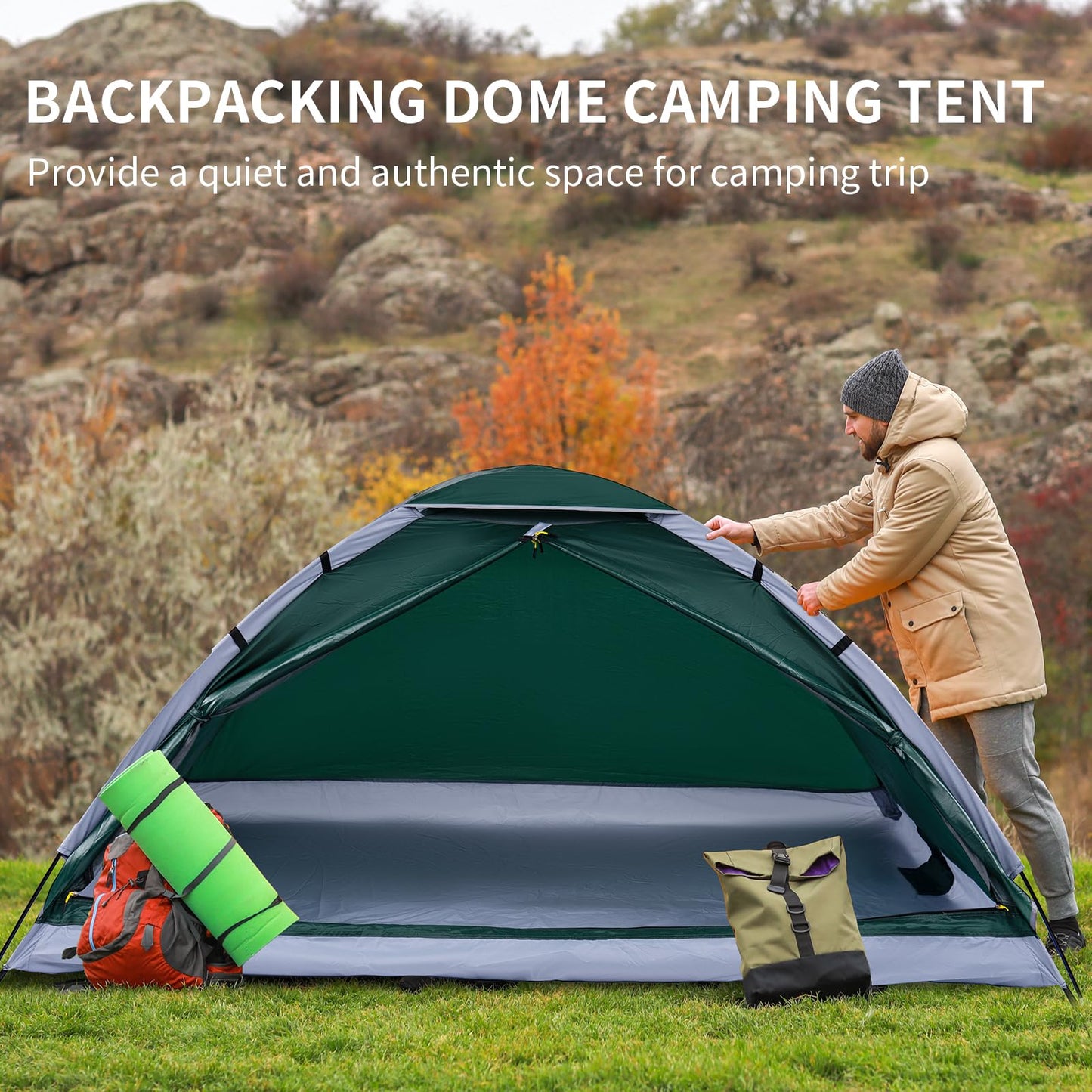 JELUCAMP 1/2 Person Dome Tents for Camping, Lightweight Portable Single Backpacking Tent, Small Easy Setup Outdoor Waterproof Camping Hiking Tent for Adults, 2 Person Tent, Dark Green