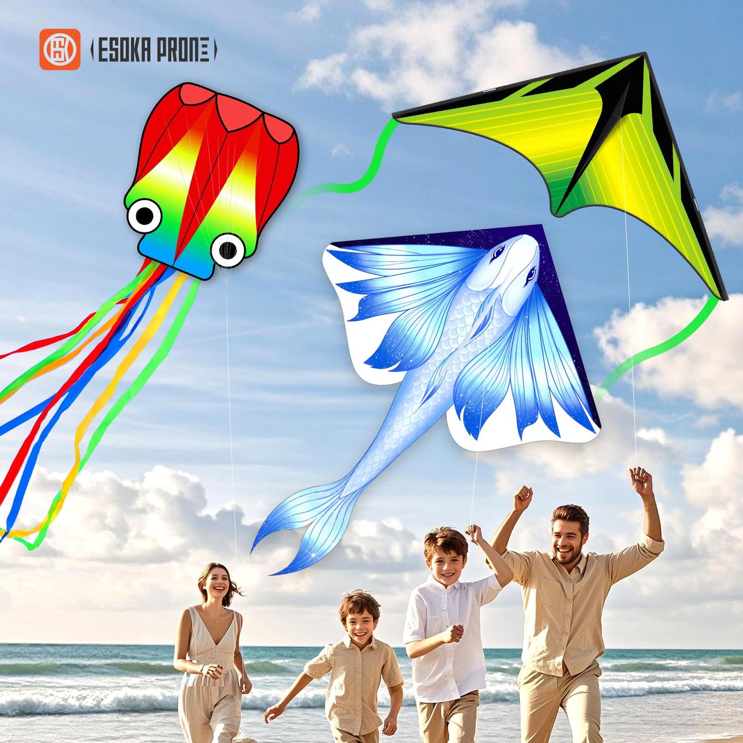 Kites for Adults & Kids Ages 4-8,Beach Kites Easy to Fly for Beginner, with Handle and 328ft Kite String，Best Toy and Gift for Boys & Girls. (Flying Fish+Grassland+Octopus, 3)