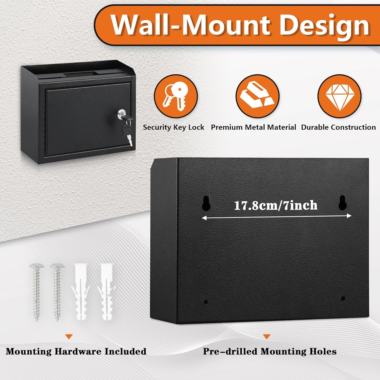 KYODOLED Suggestion Box with Lock and Slot, Small Locking Mailbox for Office, Wall Mount Safe Money/Key Drop Box with 50 Free Suggestion Cards, 9.8" W x 3" D x 7" H, Black