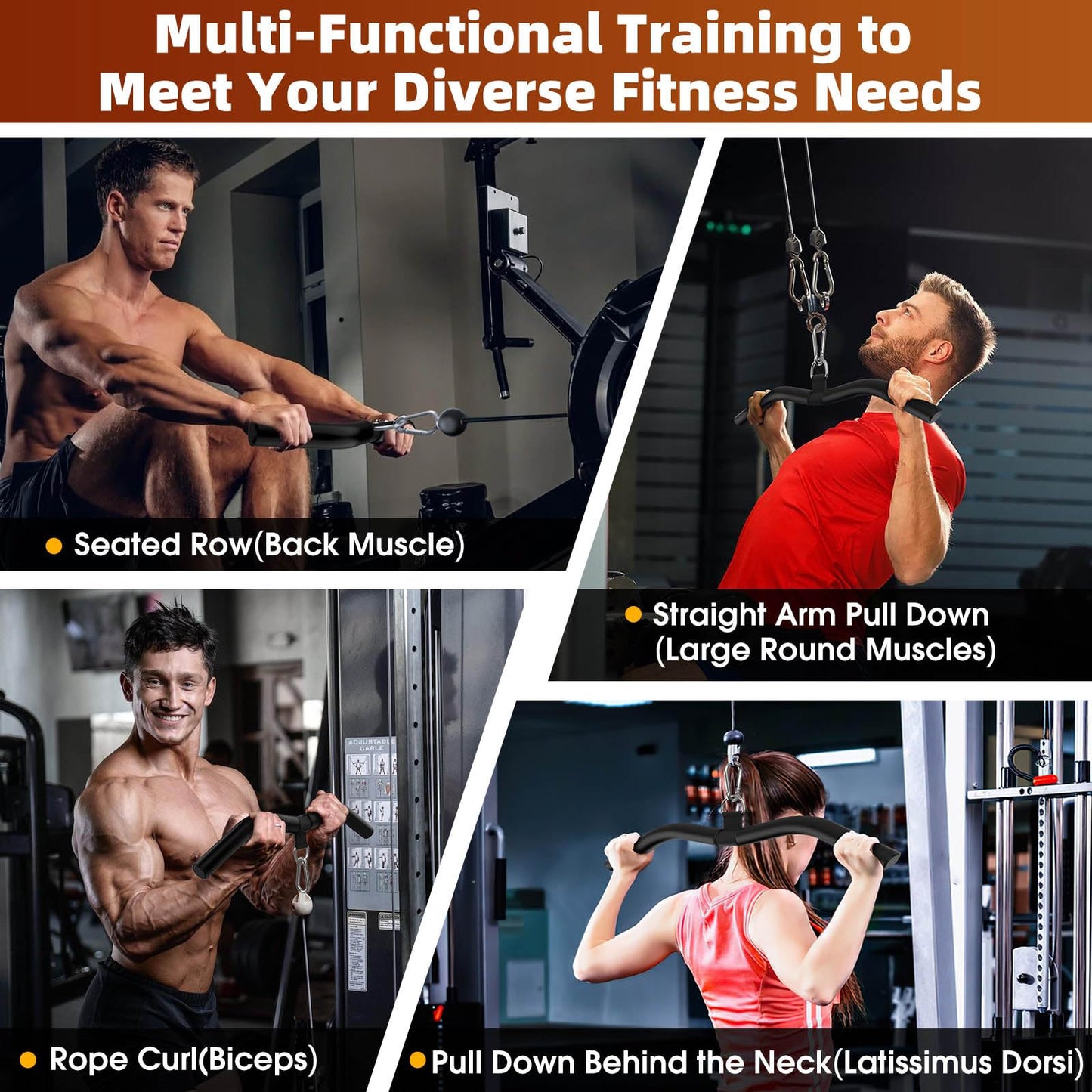 Anobeyi LAT Pull Down Attachment, Gym Tricep Rope Machine LAT Pulldown Bar, Strength Training Gym Equipment Accessory, Ergonomic Curl Bar for Seated Rowing, High Pull Downs (19in W-Bar)