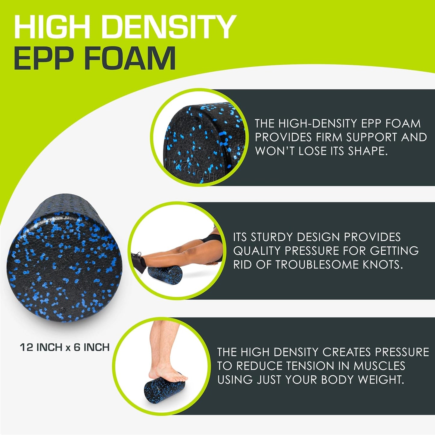 ProsourceFit High Density Foam Rollers 12 - inches Long, Firm Full Body Athletic Massage Tool for Back Stretching, Yoga, Pilates, Post Workout Muscle Recuperation, Black/Green