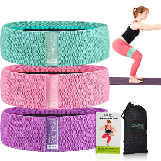 Aura Fabric Resistance Bands Set | 3 Levels of Resistance, Booty Bands for Working Out | Non-Slip Thick Exercise Band for Legs, HIPS & Butt | Perfect for Home, Gym & Travelling Workouts