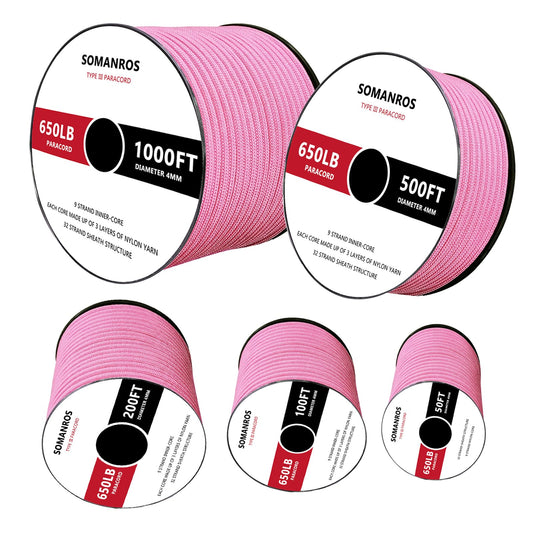 SOMANROS 650lb Paracord Rope, Type III Paracord 50', 100', 200', 500'，1000' Lengths，4mm 9 Strand Parachute Spool Cord for DIY Projects and Outdoor
