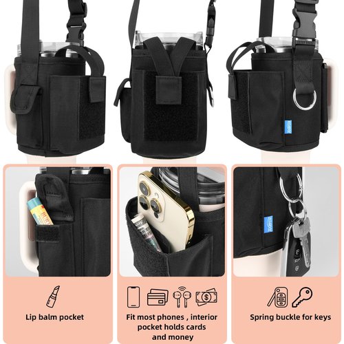 Xxerciz Water Bottle Carrier Bag with Phone Pocket for Stanley 40 oz Tumbler with Handle, Nylon Water Bottle Holder Pouch with Adjustable Strap for Stanley Cup Accessories