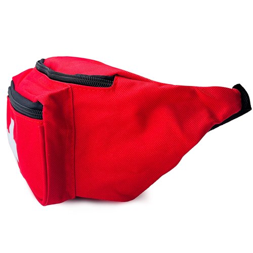 EMS XTRM Lifeguard Fanny Pack Red with Whistle Lanyard - Baywatch Style First Aid Hip Pack, Adjustable Strap, Cross Logo + Zipper Pouch, 10 Pack