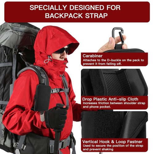 CaSZLUTION Backpack Strap Pouch Phone Holder - for Large 6.5-7.1 Inch Phones Even with Large Cases, Backpack Shoulder Strap Attachment Bag for Hikers, Travelers, Hunters and Commuters - Black (L)