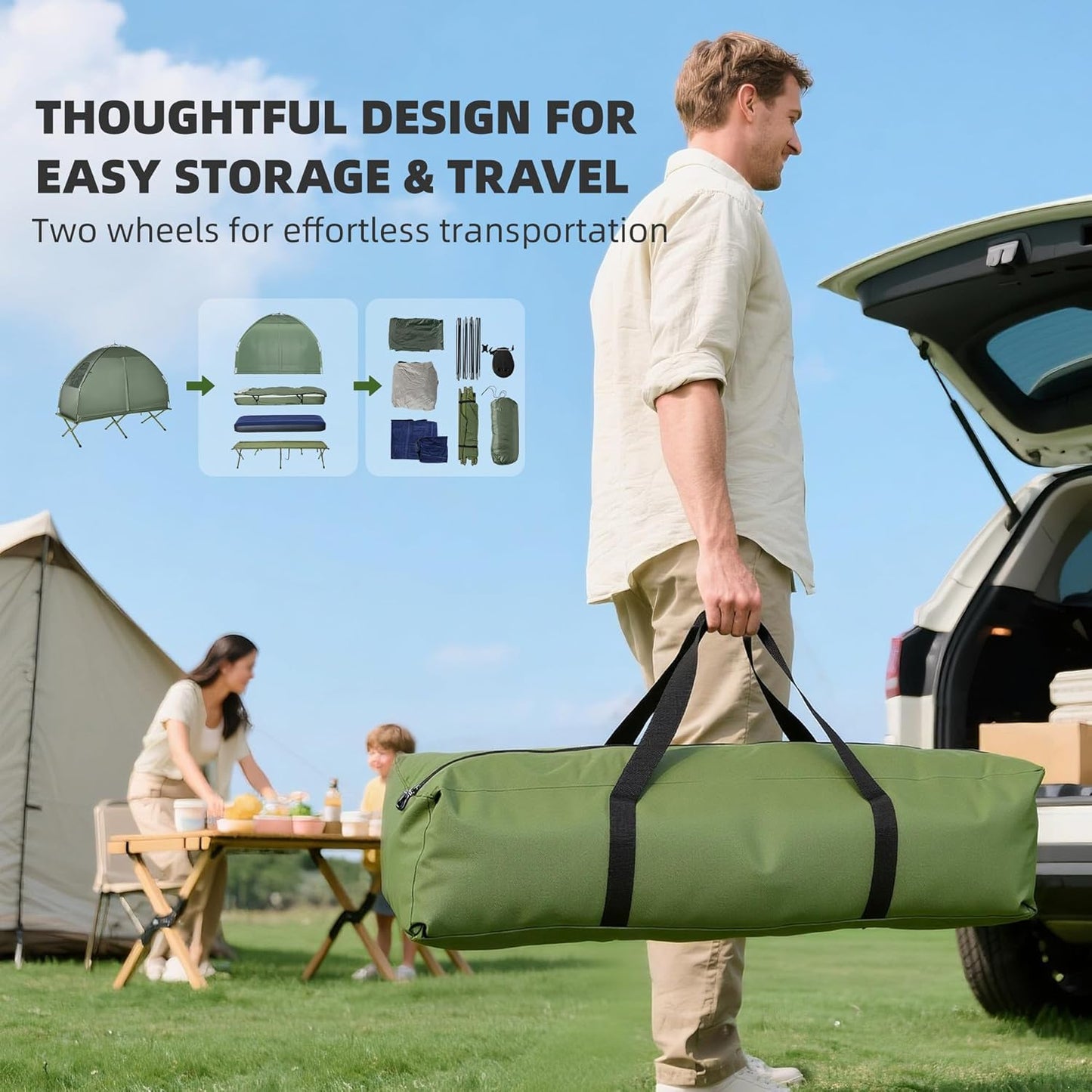 Outsunny Camping Tent Cot, 4-in-1 Folding Tent Cot Combo with Mattress, Pillow, Sleeping Bag, Roller Carrying Bag, Off Ground Travel Camp Cot for Hiking, Backpacking, Picnic