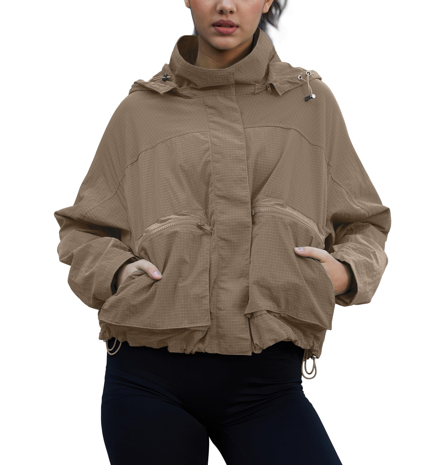 PESION Women's Waterproof Rain Jacket Lightweight Hooded Raincoat for Hiking Travel Outdoor, Khaki, Medium