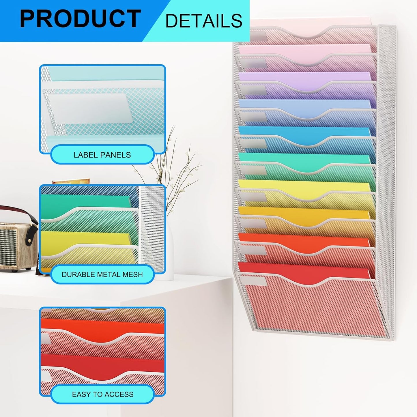 5 Pockets Mesh Hanging Wall File Holder Organizer Wall Mounted Paper Magazine Rack, Black