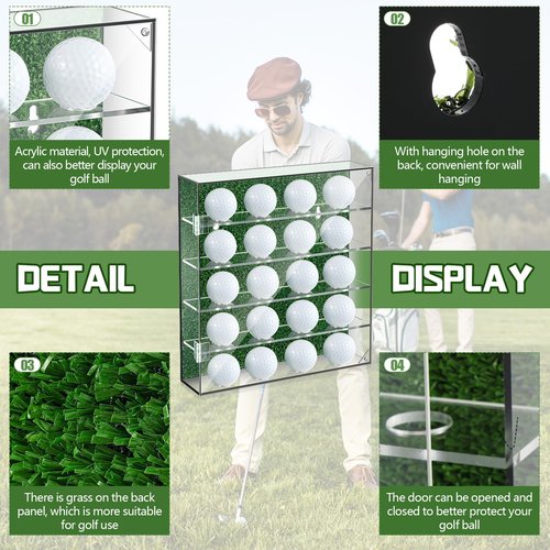 Memorywuu Golf Balls Display Case Wall Mount for 20 Balls Acrylic Golf Ball Holder with Door Artificial Turf Golf Ball Display Rack Cabinet for Collector Memorabilia Golf Enthusiasts