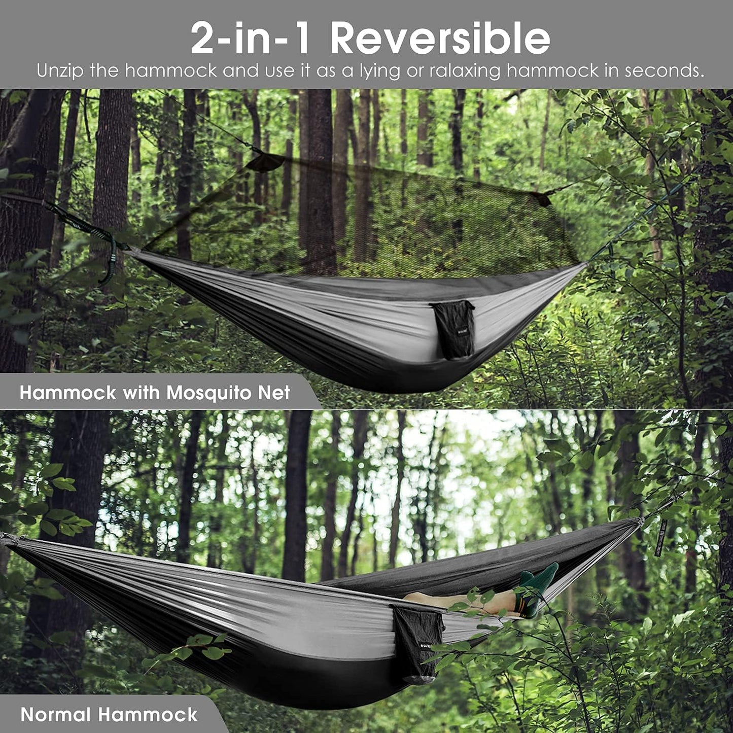 G4Free Large Camping Hammock with Mosquito Net 2 Person Pop-up Parachute Lightweight Hanging Hammocks Tree Straps Swing Bed for Outdoor Backpacking Backyard Hiking