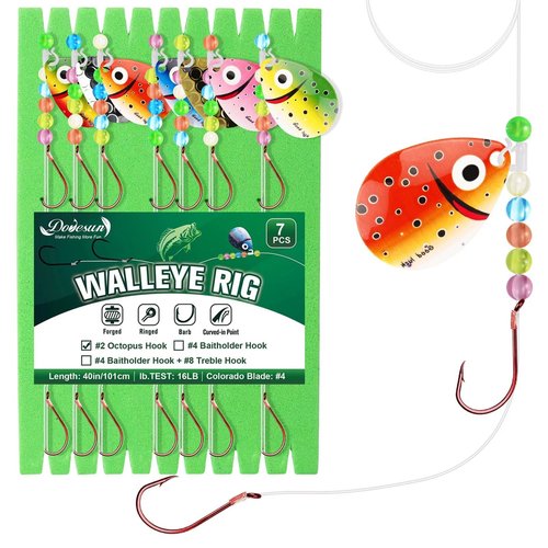 Dovesun Walleye Rigs 16lb Walleye Spinner Rig Crawler Harness with Unique Smile Blades Worm Harnesses for Walleye Fishing #2 Octopus Hooks 7PCS