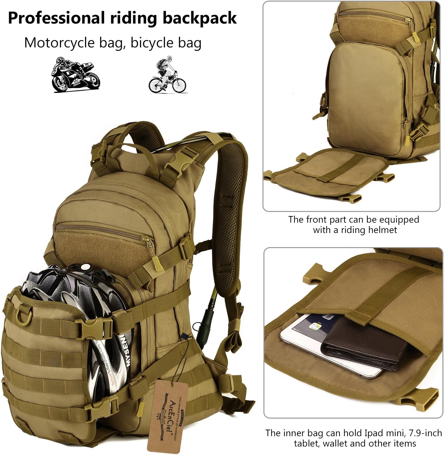 ArcEnCiel 25L Adult Tactical Motorcycle Cycling Backpack Pocket Molle Pack Helmet Holder(Patch&Rain Cover Included)