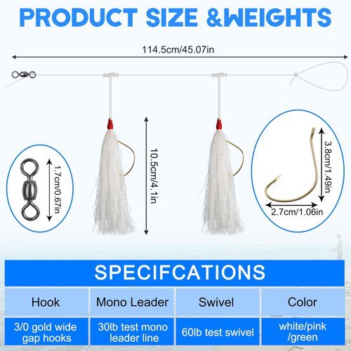 Bucktail Teaser Rigs,3/6pcs Flounder Rigs Hand Tied Sea Bass Hi Lo Rig Fishing Bait Rigs Saltwater Multicolor Mylar Bucktail Teasers Hook for Surf Ocean Fishing