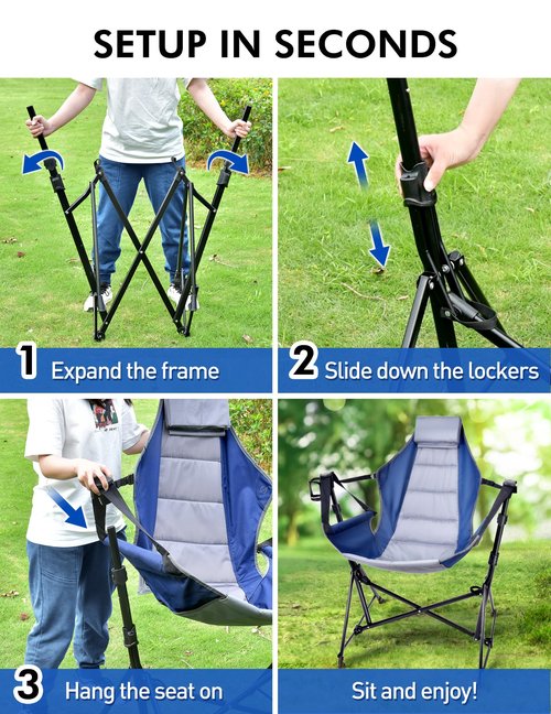 Docusvect Hammock Camping Chair - 3 Heights Portable Hammock Chair Camping with Adjustable Backrest, Headrest, Padded Seat, Cup Holder - 450 LBS Heavy Duty