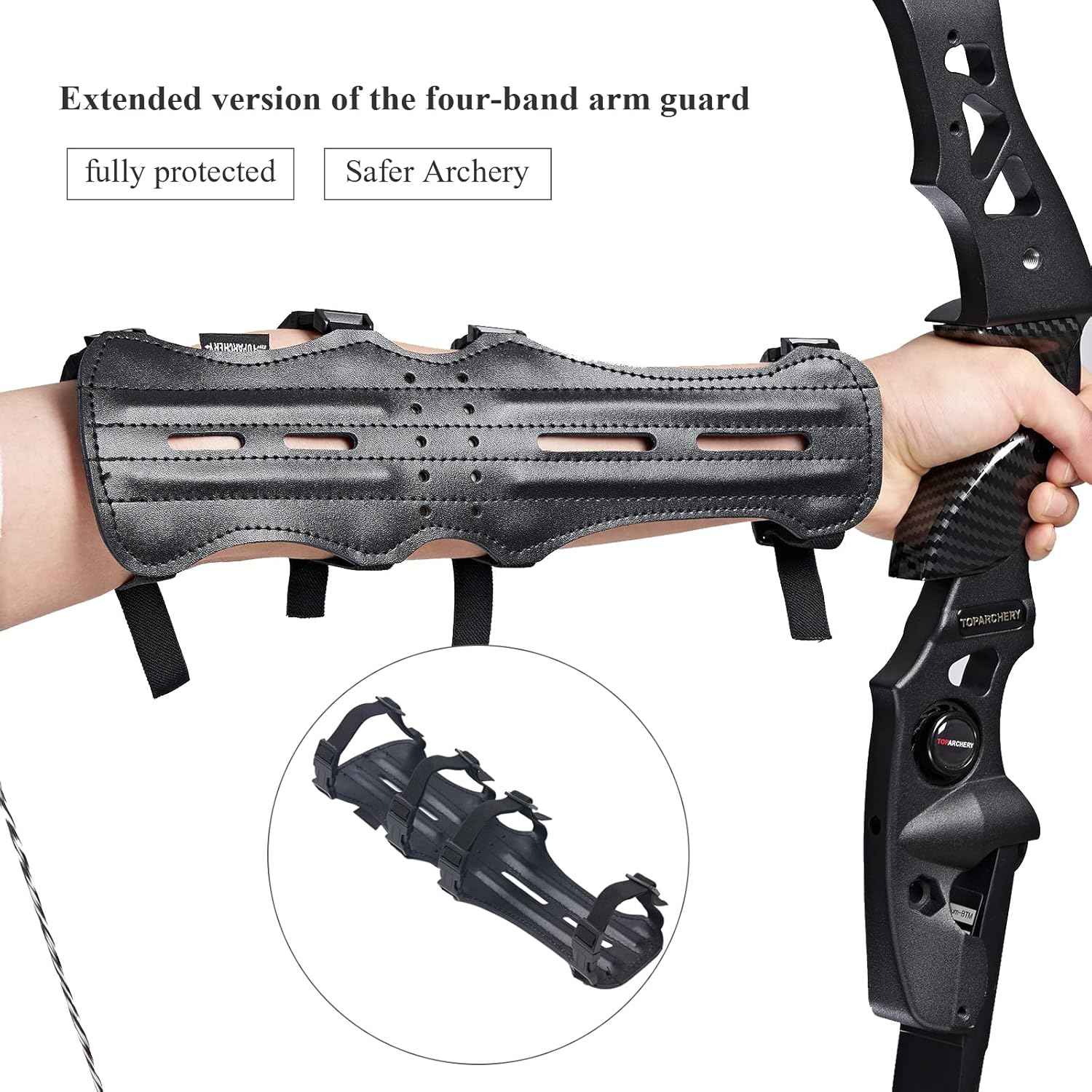 TOPARCHERY 12" Ultra Lightweight Leather Arm Guard - Adjustable 4-Strap for Archery