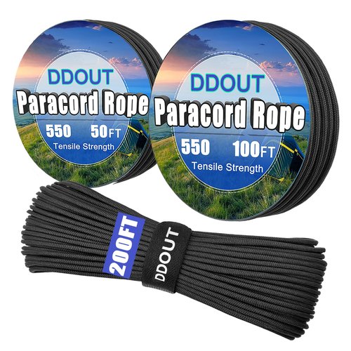 DDOUT Paracord Nylon Rope with 7-Strand Core, 10 Colors and 50/100/200 ft, Type III Parachute Cord 4mm for Camping, Survival, Hiking, DIY, Crafting, Outdoor Utility Rope Black 50ft