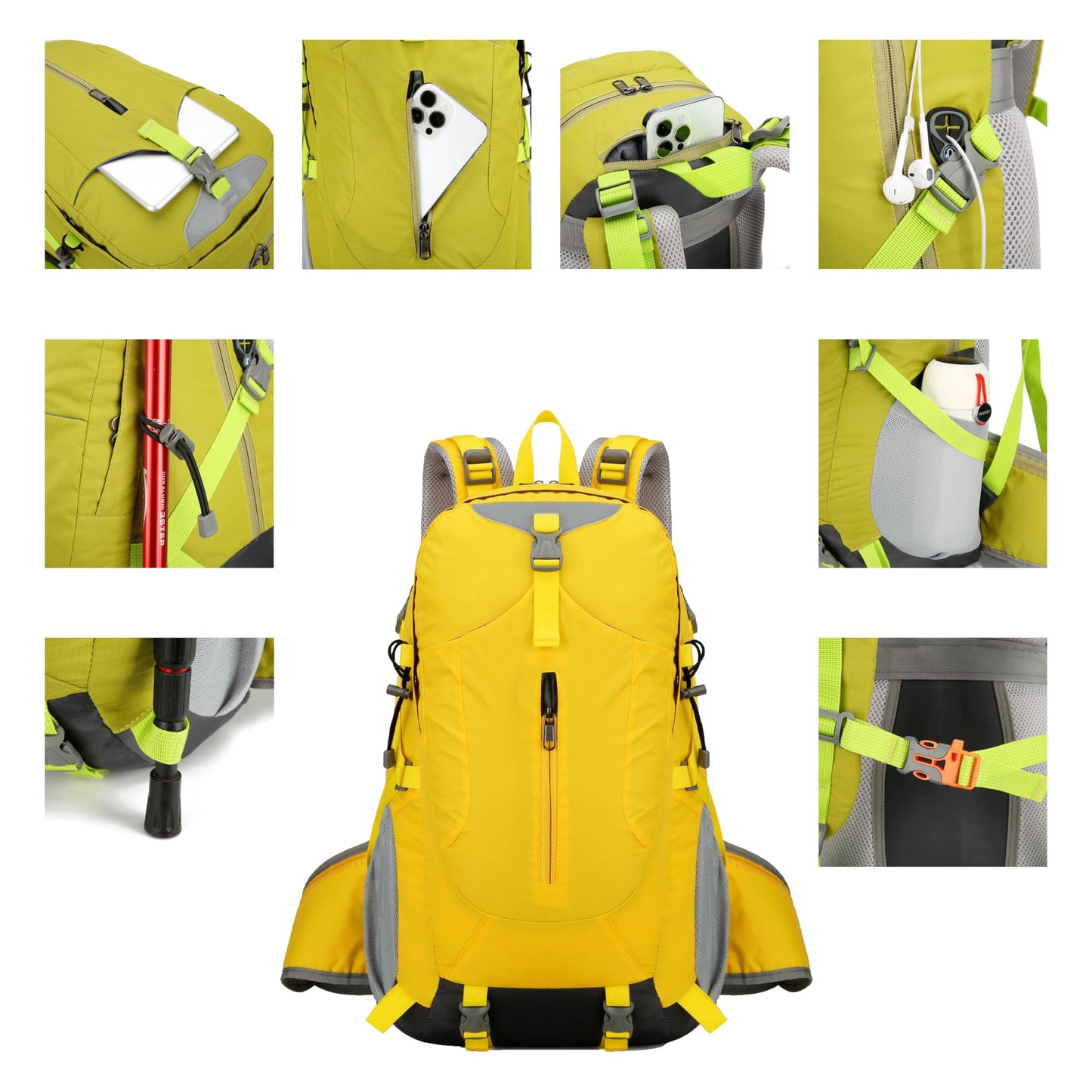 JYUNXIY Hiking Backpack for Men and Women, Travel, Sport Outdoor, Lightweight Back Pack, Camping, Bag, waterproof, 40L.(Yellow)