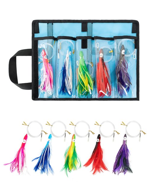BLUEWING 5 Pack Tuna Feather Squid Lure Set Fishing Teaser with 6in Feathered Trolling Octopus and Stainless Steel Hook for Mahi Wahoo Marlin Big Game
