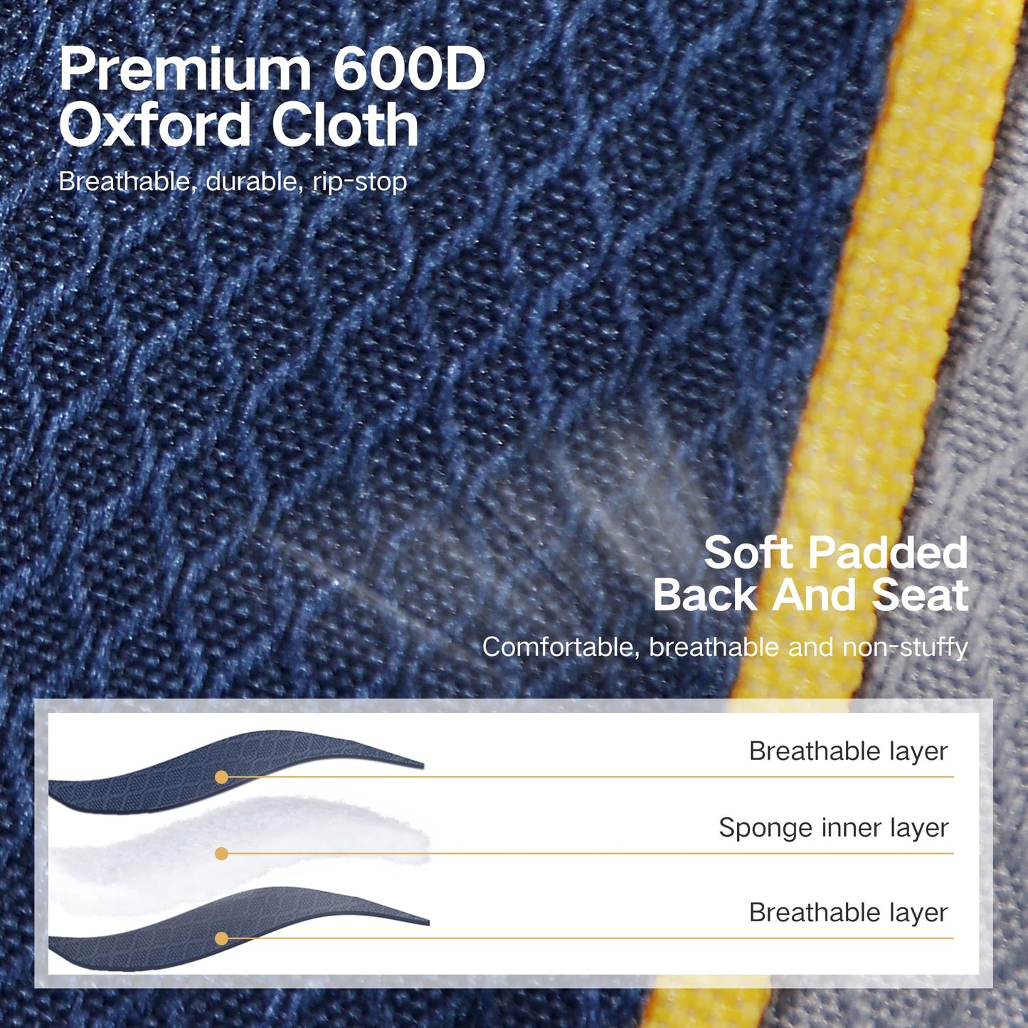 ALPHA CAMP 2PC Oversized Camping Chair Heavy Duty Lawn Chair with Cooler Bag Support 450 LBS Steel Frame Collapsible Padded Arm Quad Lumbar Back Folding Chair for Lawn Outdoor,Navy Blue