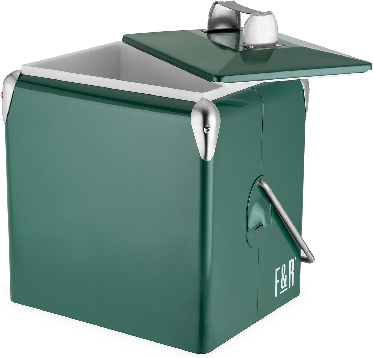 Foster & Rye Stainless Steel Retro Cooler, Vintage Metal cooler, Antique Beverage Chiller and Ice Chest, Plastic Lined Drink Chest, Mounted Bottle Opener, Holds a 6-pack, Red