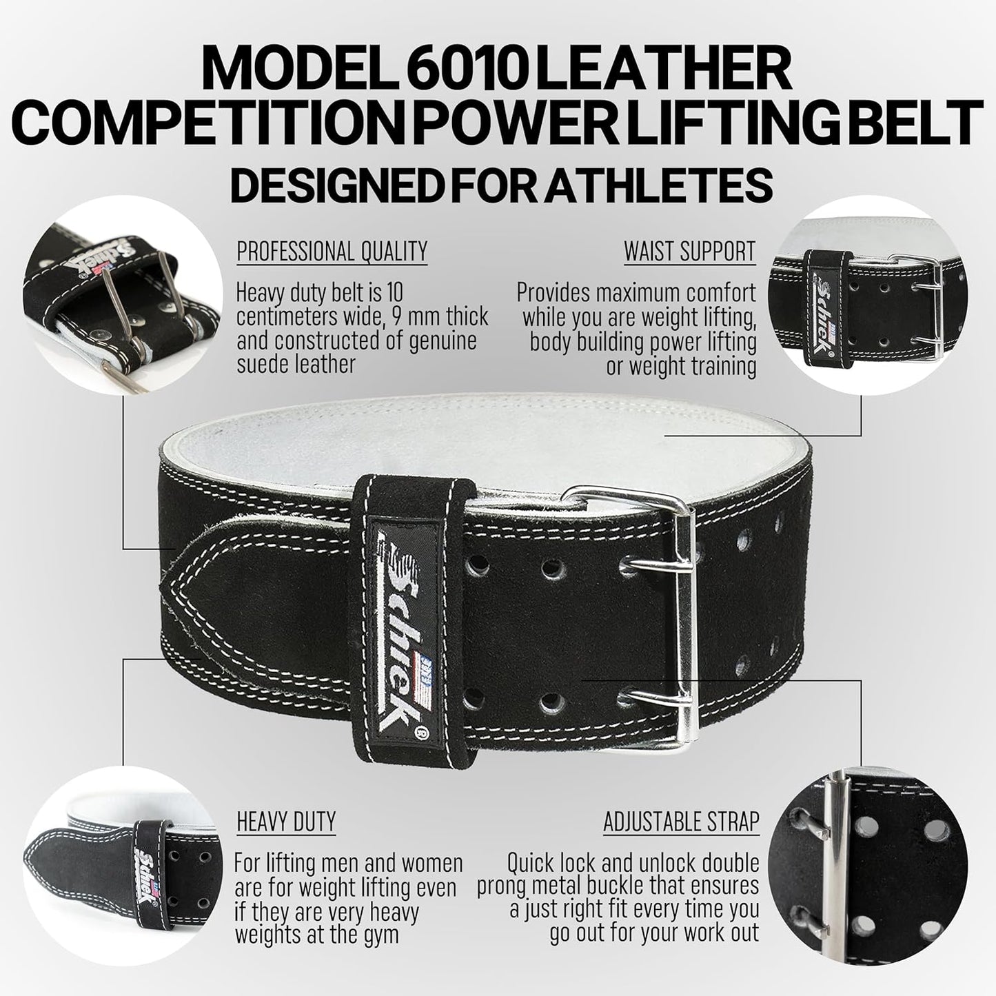 Schiek Sports Leather 6010 Competition Power Lifting Belt - 9 mm Suede Leather Gym Belt - Weightlifting Belt