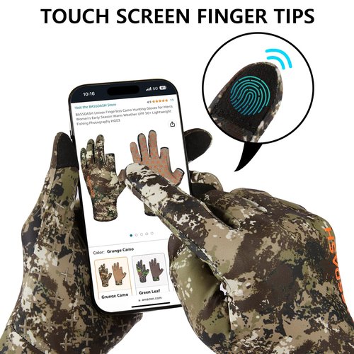 BASSDASH Men’s Camo Hunting Gloves UPF 50+ Lightweight Touchscreen Gloves for Warm Weather Fishing Hiking Outdoor Activities