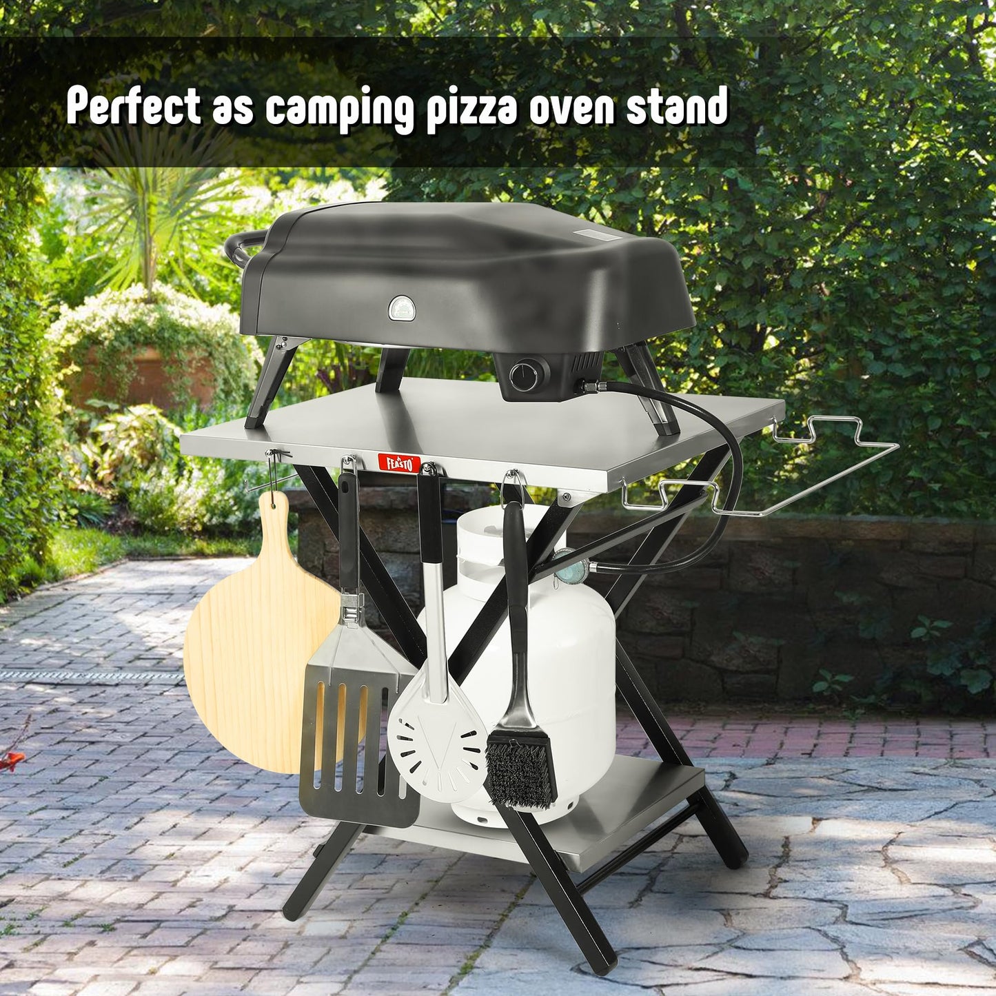 Feasto Outdoor Grill Table, Foldable Pizza Oven Stand & Griddle Stand with Garage Rack & Tissue Holder, Folding Outdoor Prep Table for Gathering and Party, 30" x 24", Stainless Steel