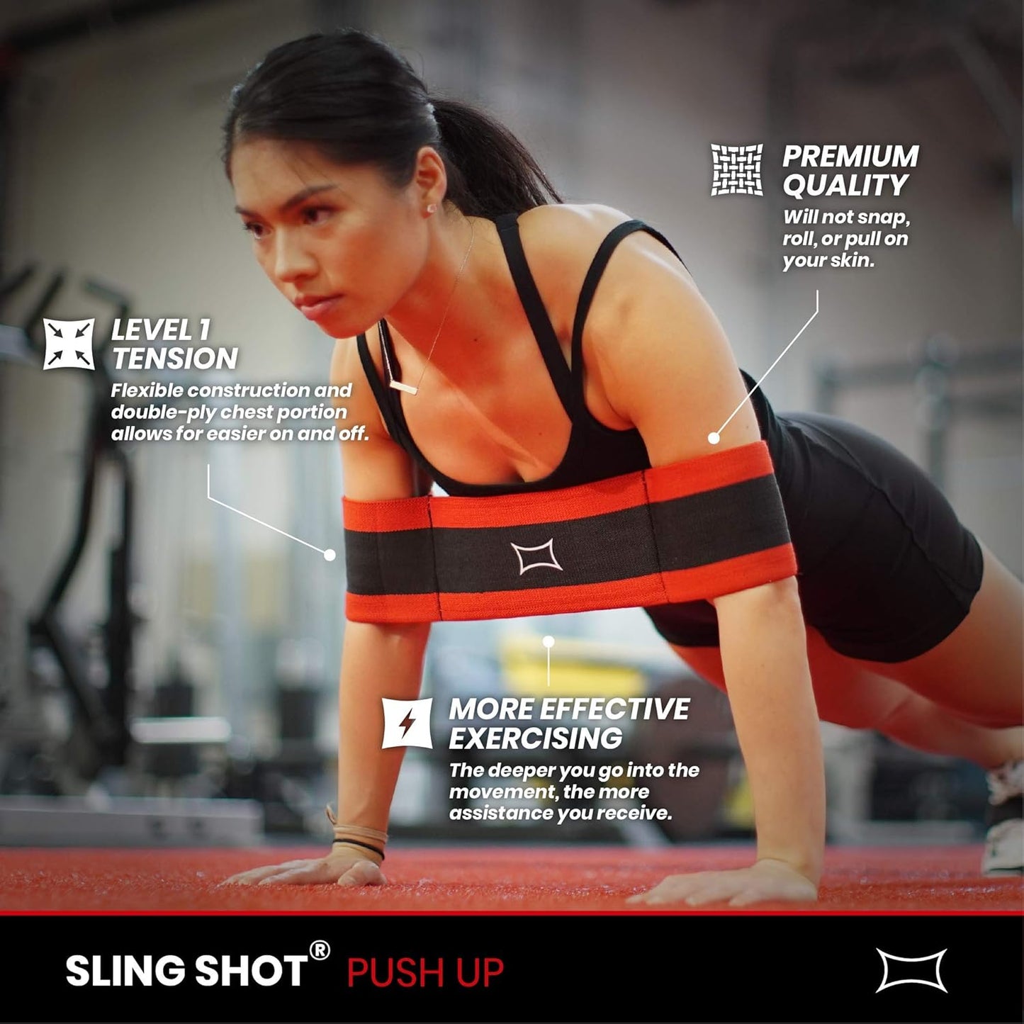 Sling Shot Mark Bell Push Up Exercise Assistance Workout Band for Men and Women to Assist with Bench Press, Dips, and Push Ups – (Level 1 Tension, Red/Black)