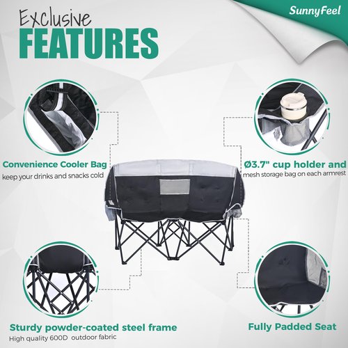 SunnyFeel Folding Double Camping Chair, Oversized Loveseat Chair, Heavy Duty Portable/Foldable Lawn Chair with Storage/Cooler for Outside/Outdoor/Travel/Picnic, Fold Up Camp Chairs for Adults 2 People