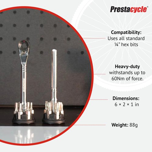 Prestacycle Pro T-Handle Ratchet Kit with (12) S2 Bits and (2) Round Bit Holders – Compact Desktop/Benchtop 3-Way Ratchet Tool, Reversible Thumb-Wheel, 60Nm Heavy-Duty Torque
