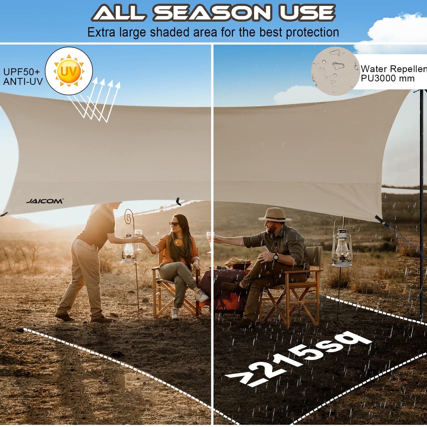 JAICOM Camping Tarp, 14 X 12FT Tarp with 2 Poles, Waterproof & Lightweight Tent Tarp Car Awning, UV UPF50+ Rain Fly Sun Shelter Can Used with Hammock in Outdoor, Garden and Backpacking