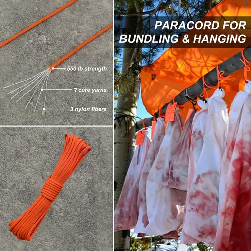 Lipulacer Elk Game Bags, 5 Pack Hunting Meat Bags, Reusable & Breathable Rolled Heavy Duty Quarter Bag with Reflective Strip and 30ft Hanging Paracord for Elk/Deer/Moose/Caribou, 48" x 4, 28" x 1