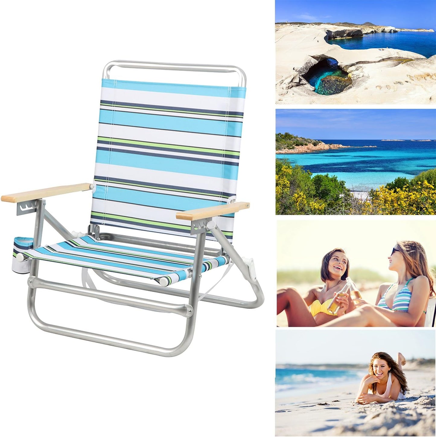 PORTAL Folding Camping Sand Beach Chair, Aluminum Lightweight 4 Positions Chair Recliner with Wood Armrest Cup Holder Carry Strap