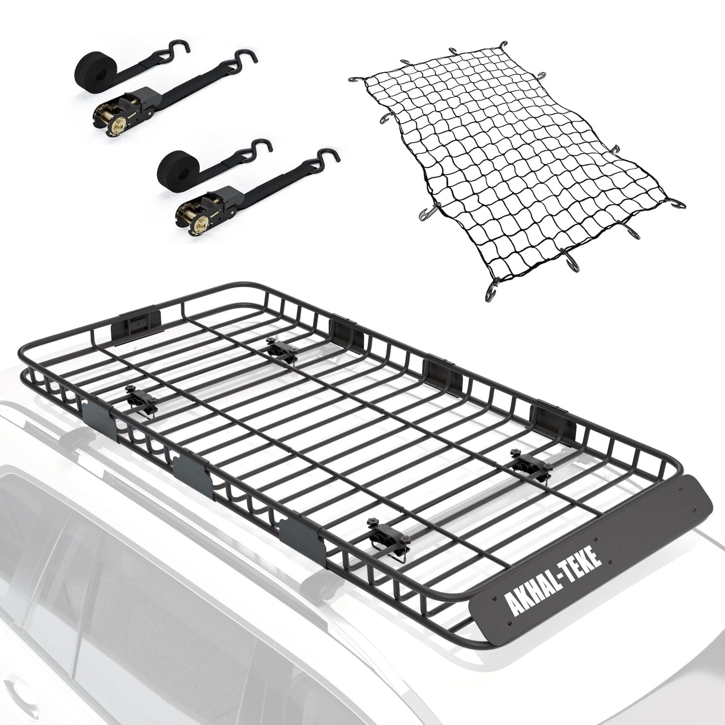 AKHAL-TEKE Roof Rack Basket, Upgraded 84"x 39"x 4" Roof Rack Cargo Carrier with 4' X 6' Super Duty Bungee Cargo Net, 2 pcs Ratchet Strap Fits for SUV Truck Cars
