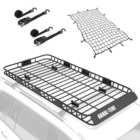 AKHAL-TEKE Roof Rack Basket, Upgraded 84"x 39"x 4" Roof Rack Cargo Carrier with 4' X 6' Super Duty Bungee Cargo Net, 2 pcs Ratchet Strap Fits for SUV Truck Cars